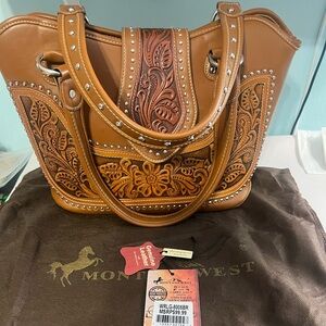 Brown Leather Montana West Concealed Carry Tote w/Silver Tone Hardware